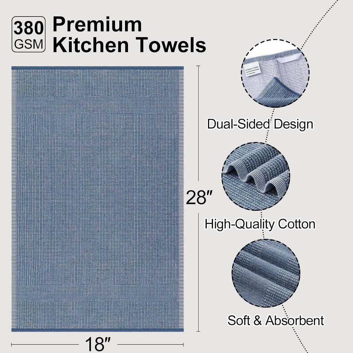 Mordimy Premium Large Cotton Kitchen Towels (18"x 28", 8 Pack), Navy Blue | 100% Ring Spun Cotton, Super Absorbent, 380
