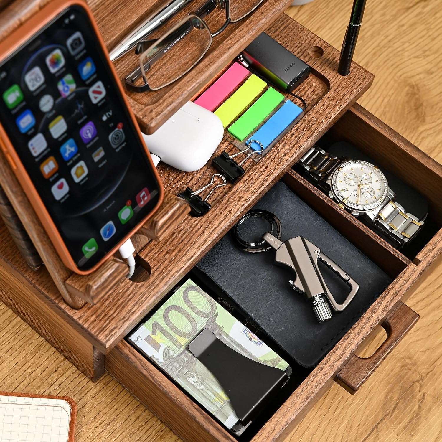 TESLYAR Wood Phone Docking Station with Drawer - Nightstand Organizer - Desk Organizer for Husband - Birthday Gifts for
