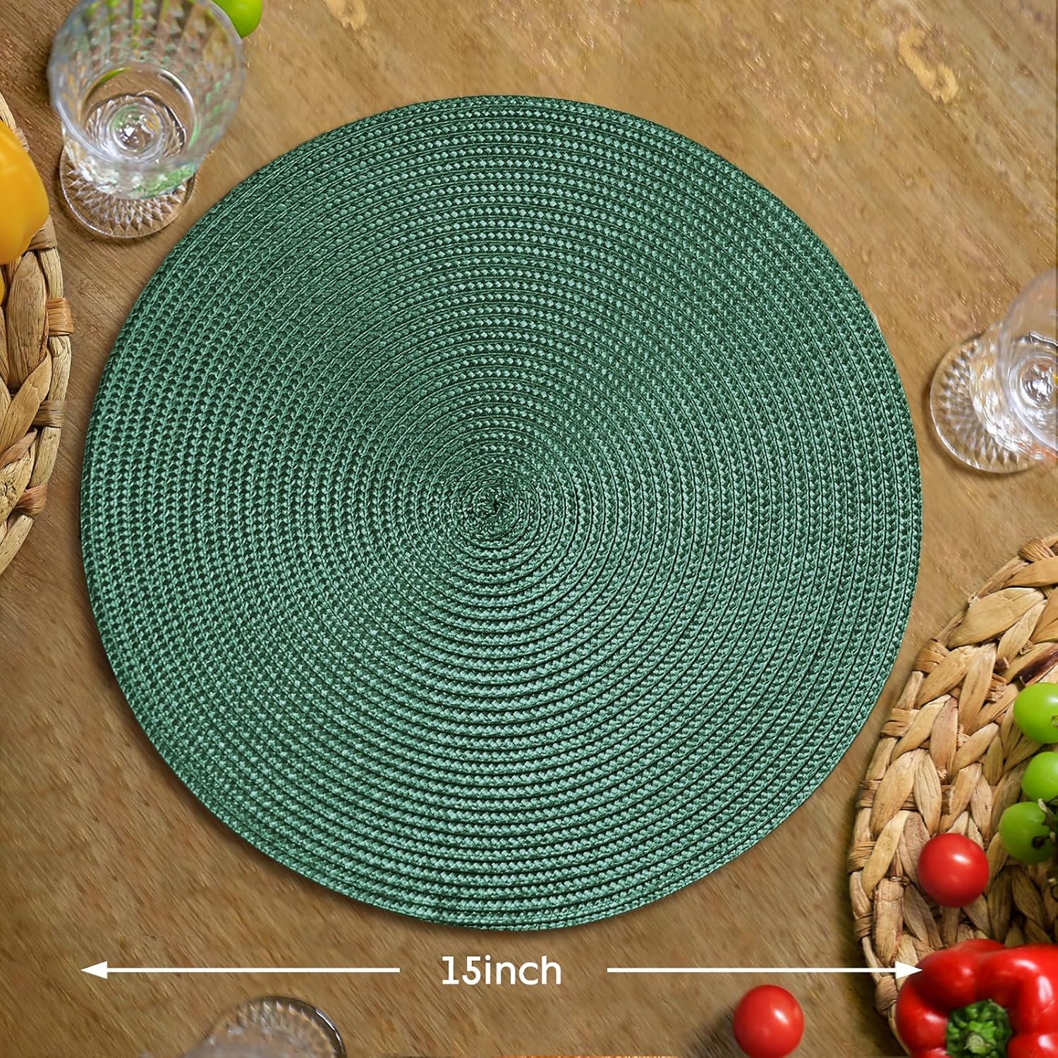 FunWheat Round Braided Placemats Set of 8 Table Mats for Dining Tables Woven Washable Non-Slip Place mats 15 inch(Black