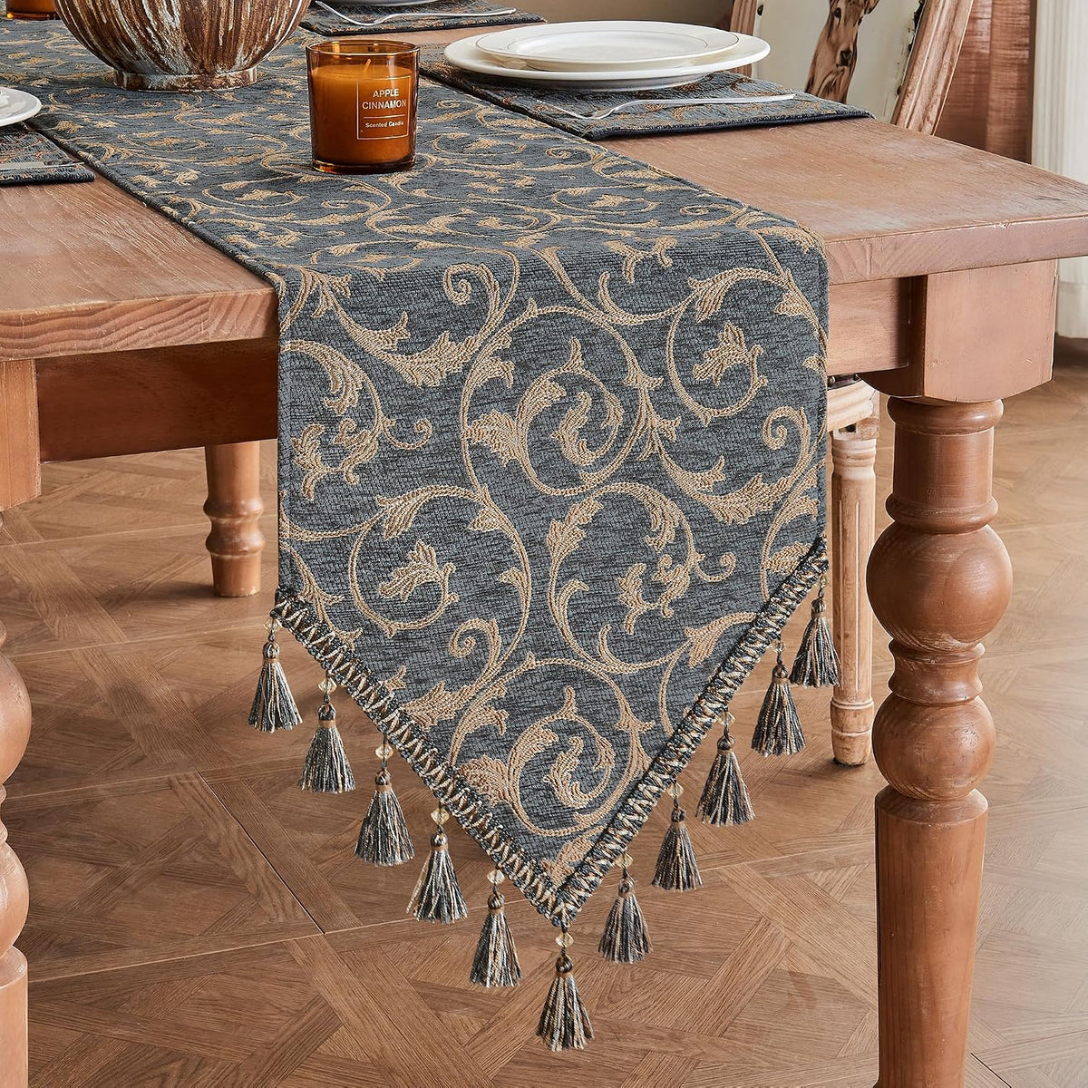 Loom and Mill Chenille Damask Table Runner 108 inches Long, Blue-Grey+Khaki | Classic Elegant Acanthus Jacquard Table