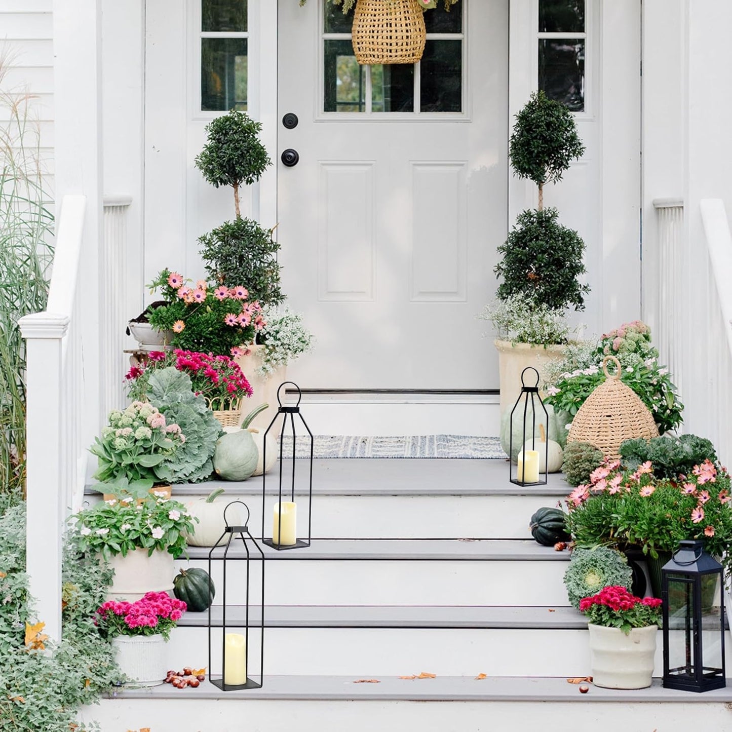 Perfnique Modern Farmhouse Lanterns, Set of 3 Black Metal Lanterns w/ 6hr Timer Flickering Flameless Candles