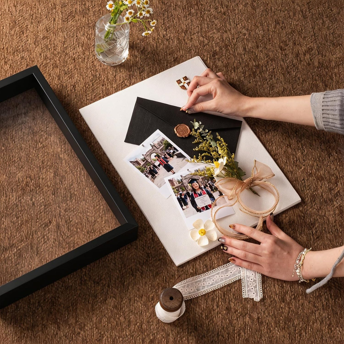 12x16 Large Shadow Box Frame with Thickened Acrylic Panel & Pins | With Push Pins, Deep 1.7" Black Shadow Box Display