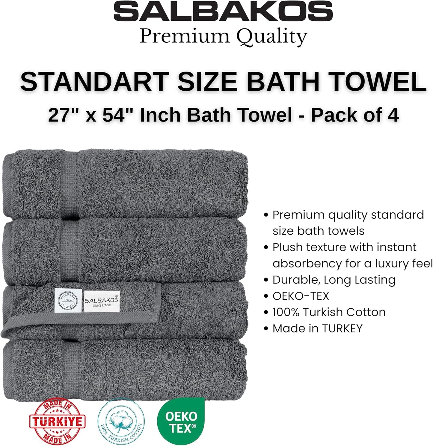 SALBAKOS 4-Piece 100% Turkish Cotton Bath Towels, 27x54 inch, Gray | Standard Size, 630 Gsm Thick Super Soft Highly