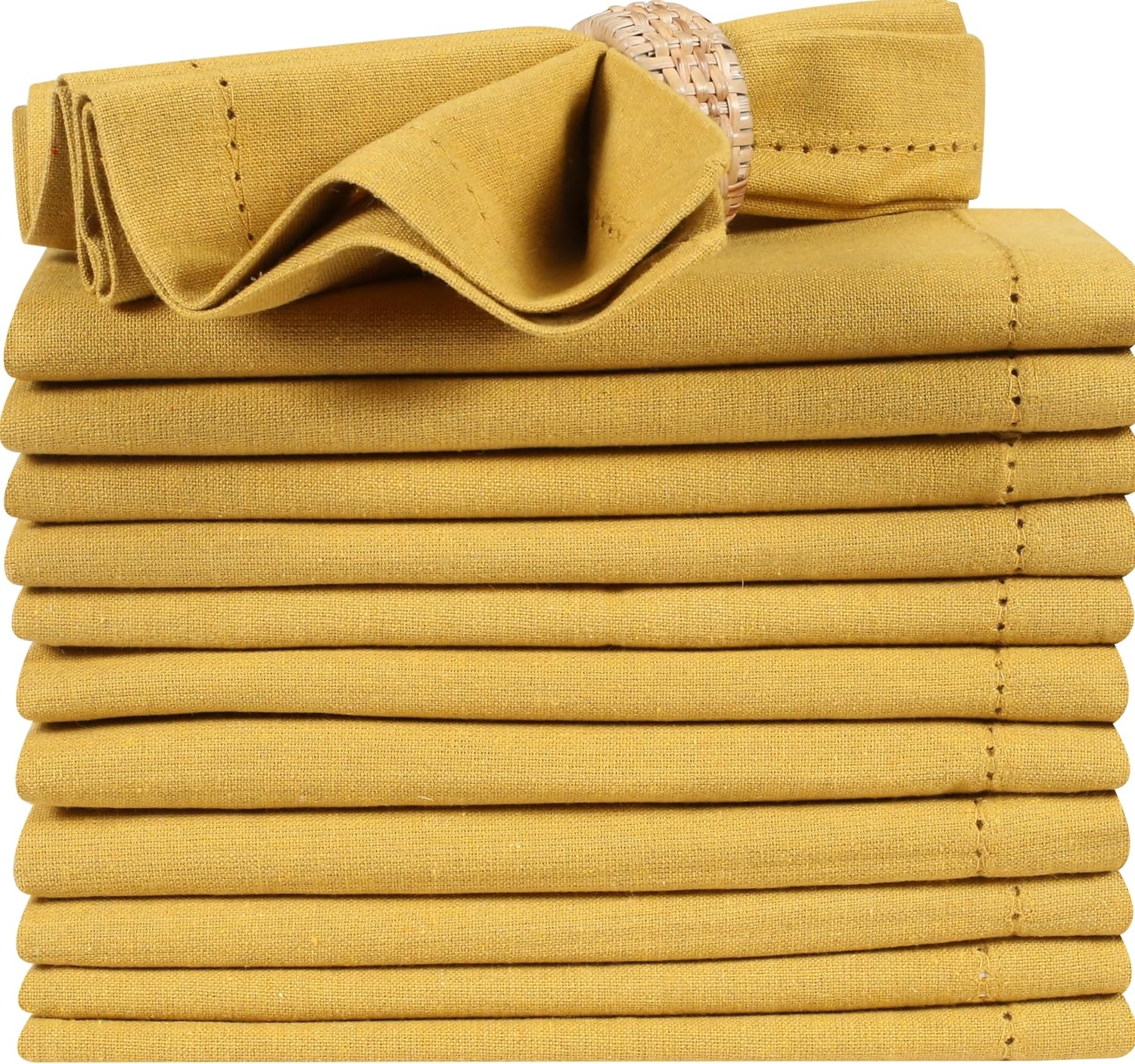 Bedding Craft Cotton Dinner Cloth Napkins Set of 12 – 18x18 Honey Yellow Hemstitched – Machine Washable Fabric Napkins