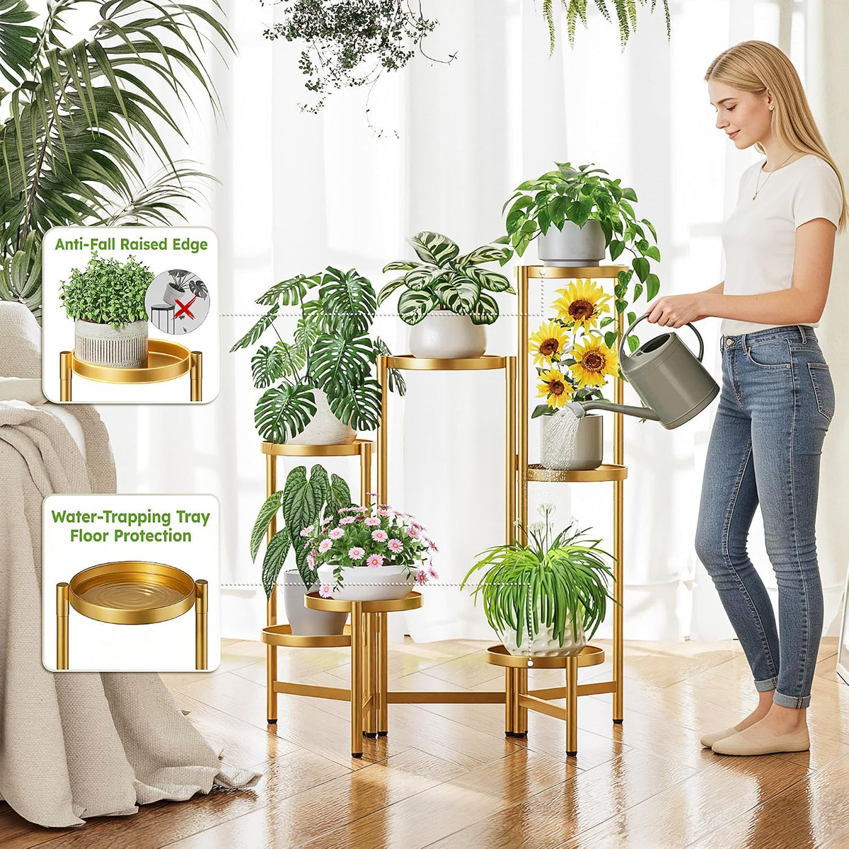 Patio Plant Stand, 7 Tiered Plant Stand Indoor for Multiple Large Planter, Tall Heavy Duty Adjustable Folding Rack with