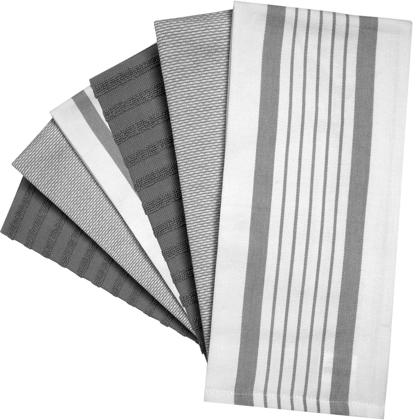 Premium Kitchen Towels 6 Pack 100% Cotton 20"x28" Dish Towels Grey Striped | Large Flat & Terry Kitchen Linen Set with