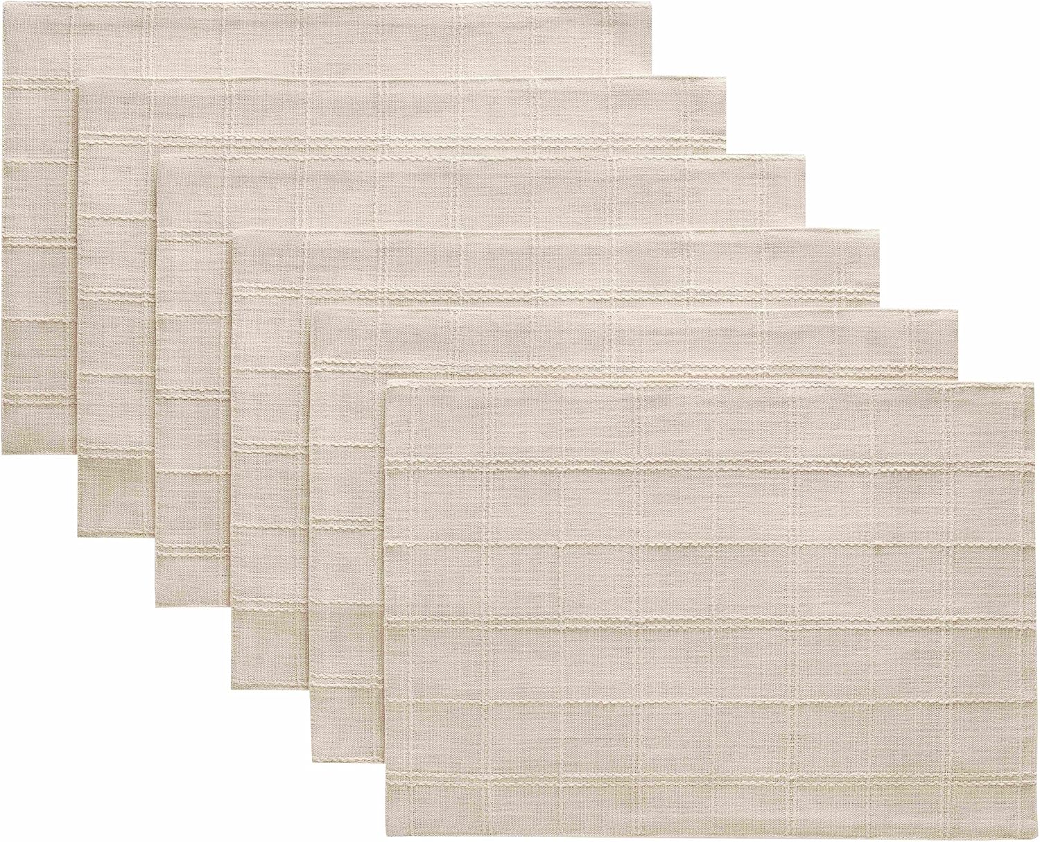 Linen Checked Farmhouse Placemats Set of 6, Neutral Beige 13x19in | Double Layer, Reversible, Thick Textured Table