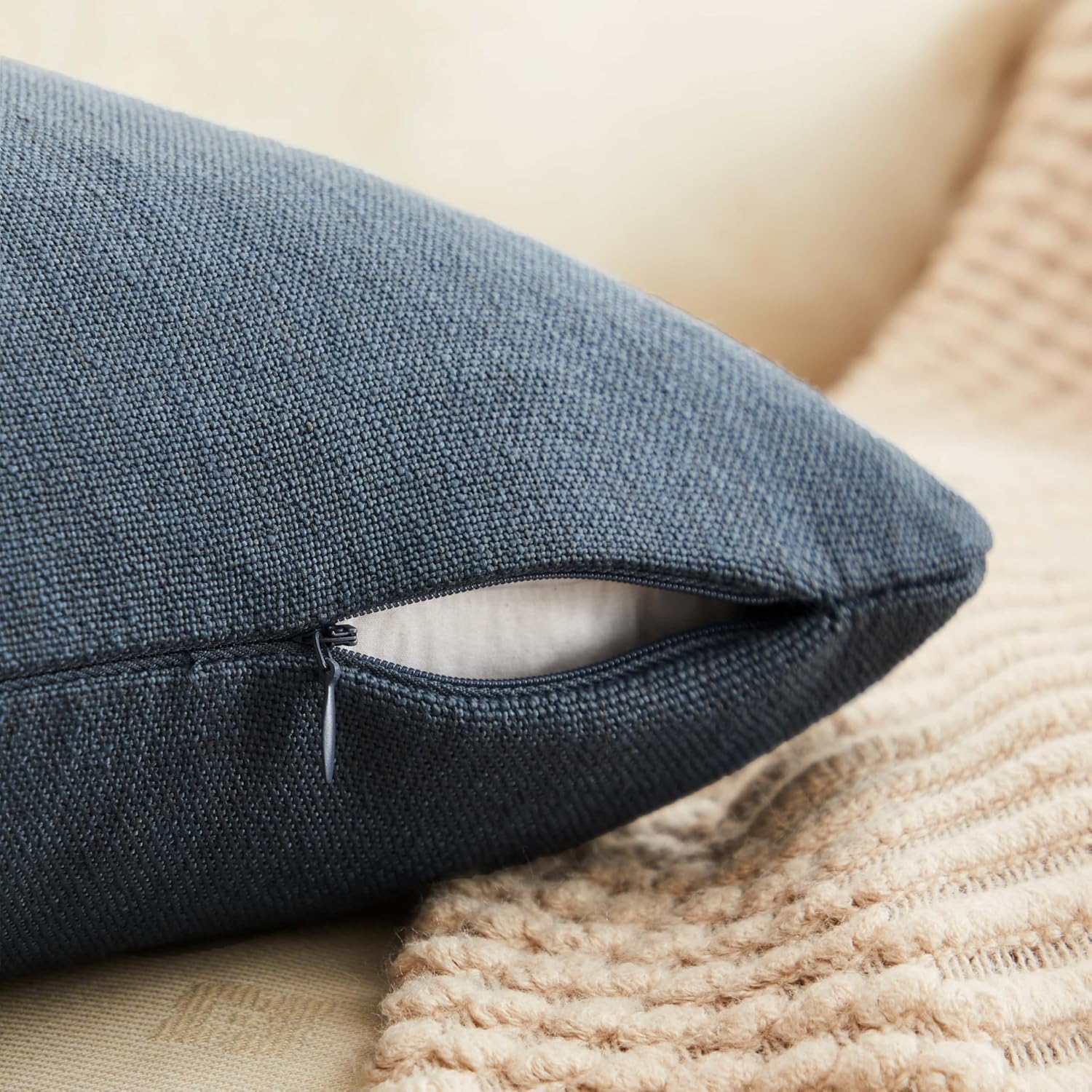 Rustic Cotton Linen Throw Pillow Covers / Navy / 20 x 20 / Set of 2
