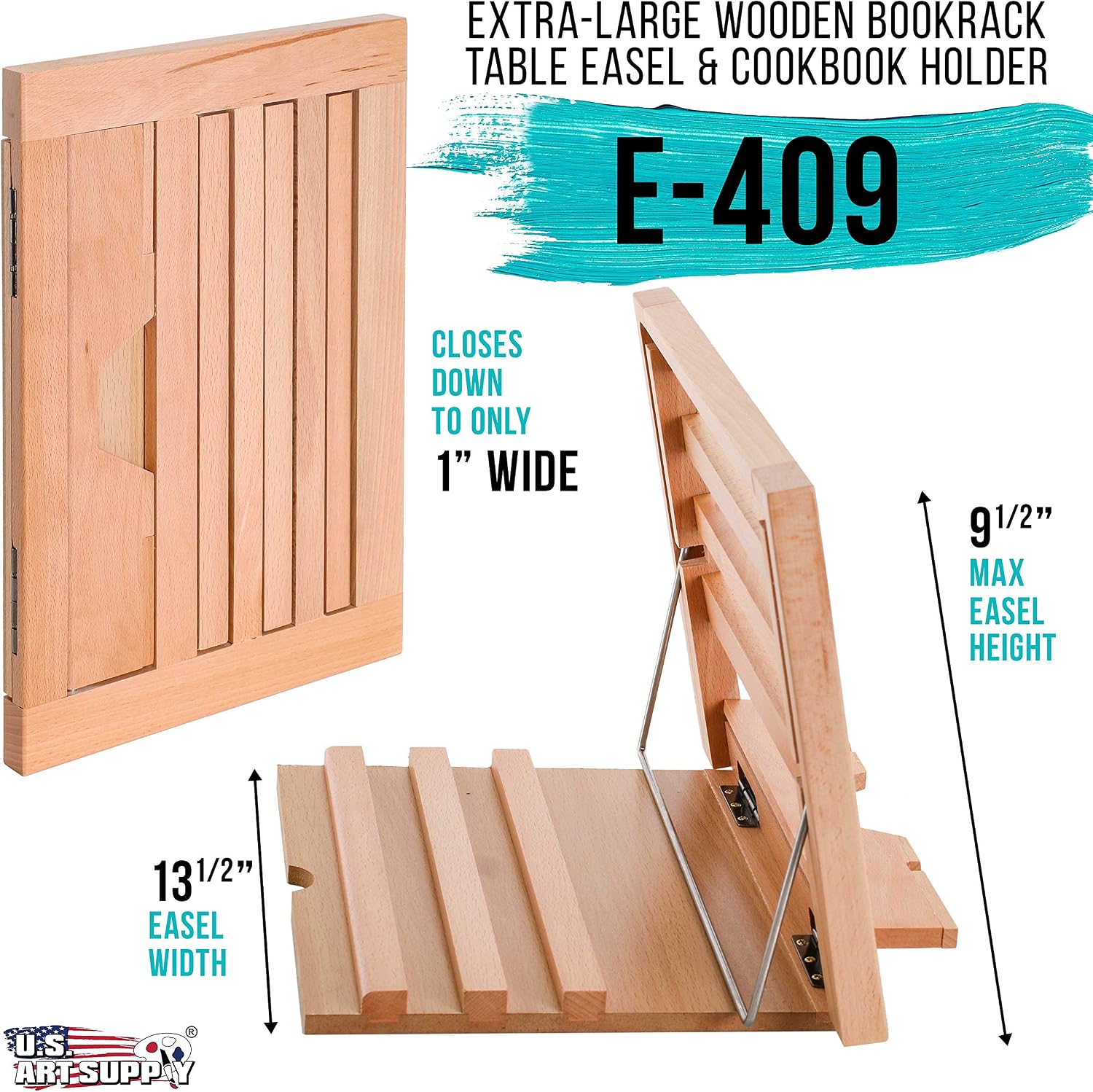 U.S. Art Supply Large Wooden Table Easel - Adjustable Incline, 2 Page Holders - Functions as Wooden Cookbook Stand
