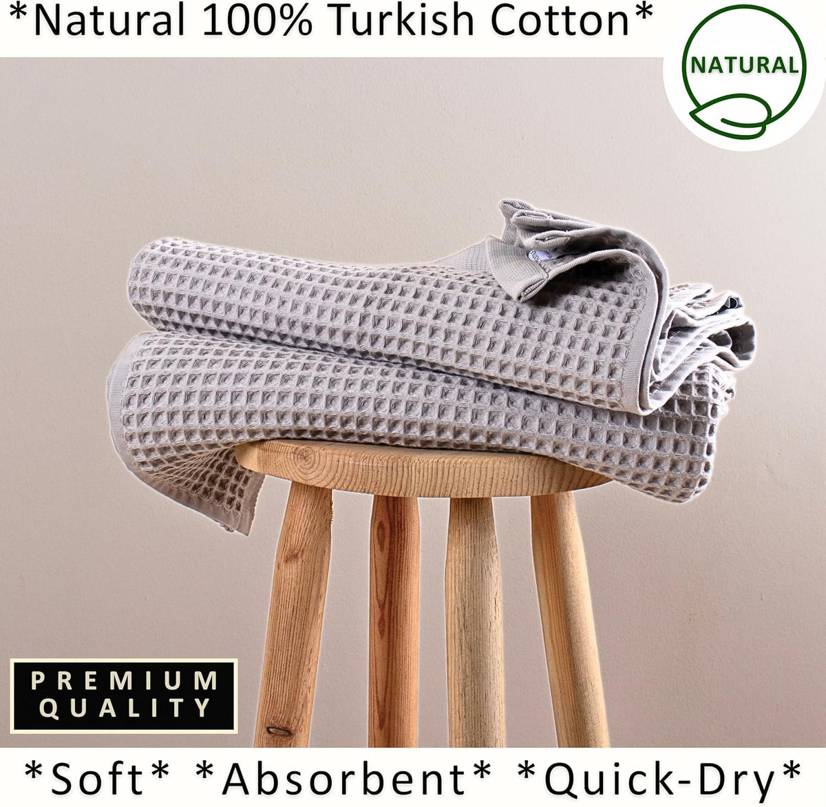 PÜSKÜL Natural 100% Turkish Cotton Waffle Bath Towels Set of 2, Extra-Large | Light Gray, Oversize 32x63" Bath sheet