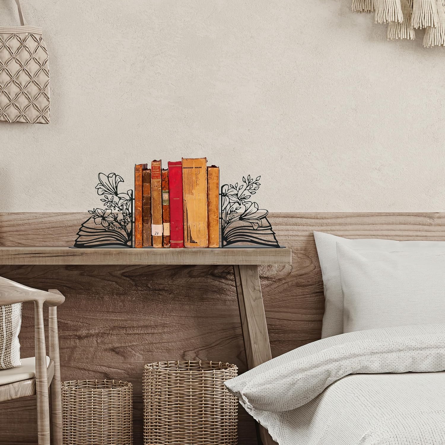 Metal Flower & Book Design Decorative Bookends