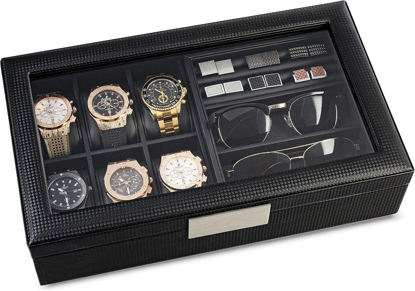 Glenor Co Valet Jewelry Box for Men - Holds 6 Watches, 12 cufflinks, 2 Sunglasses & Tray Storage - Mens Watch Case