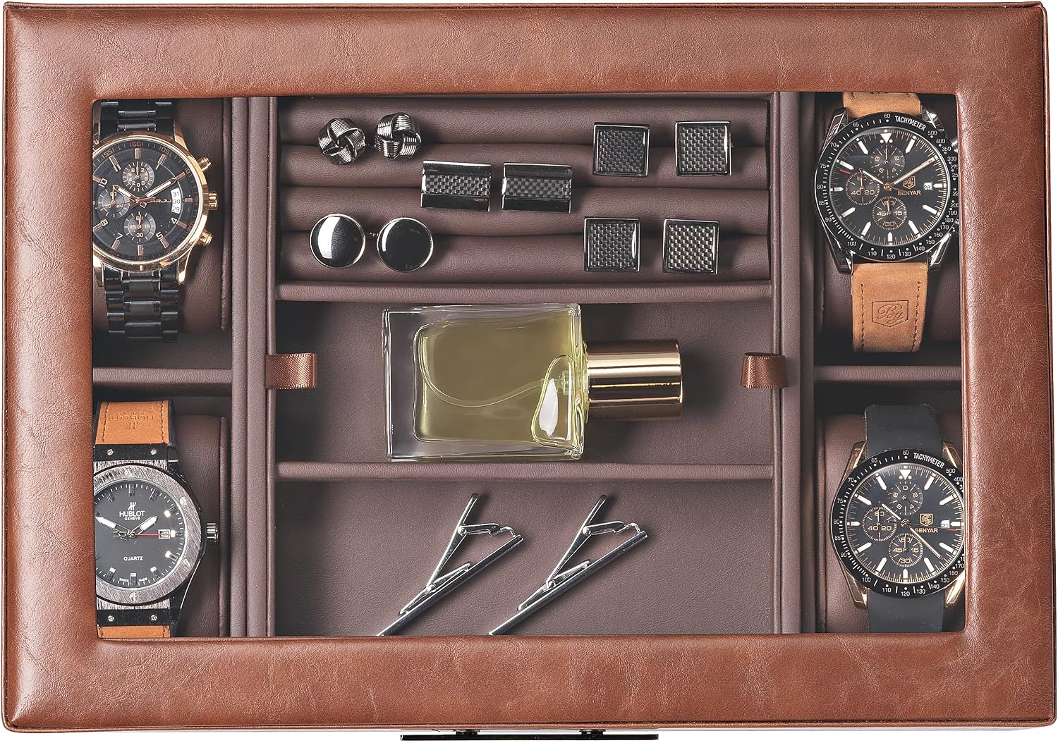 Glenor Co Valet Jewelry Box for Men - Holds 4 Watches, 12 cufflinks, 2 Sunglasses & Tray Storage - Mens Watch Case