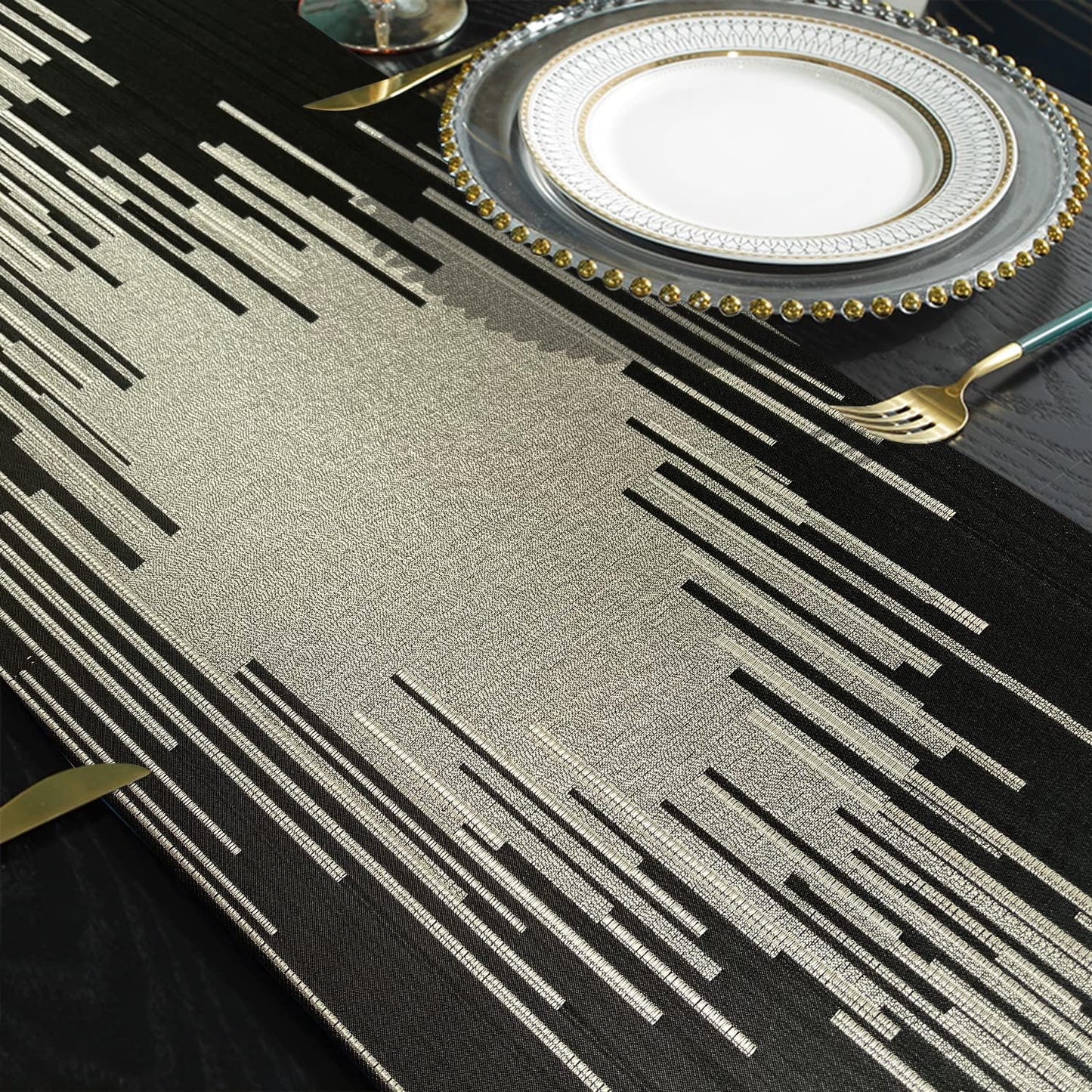 Elegant Black Table Runner,13"x120", Modern Abstract Geometric, Tassels | Table Runners 120 Inches Long, Luxury