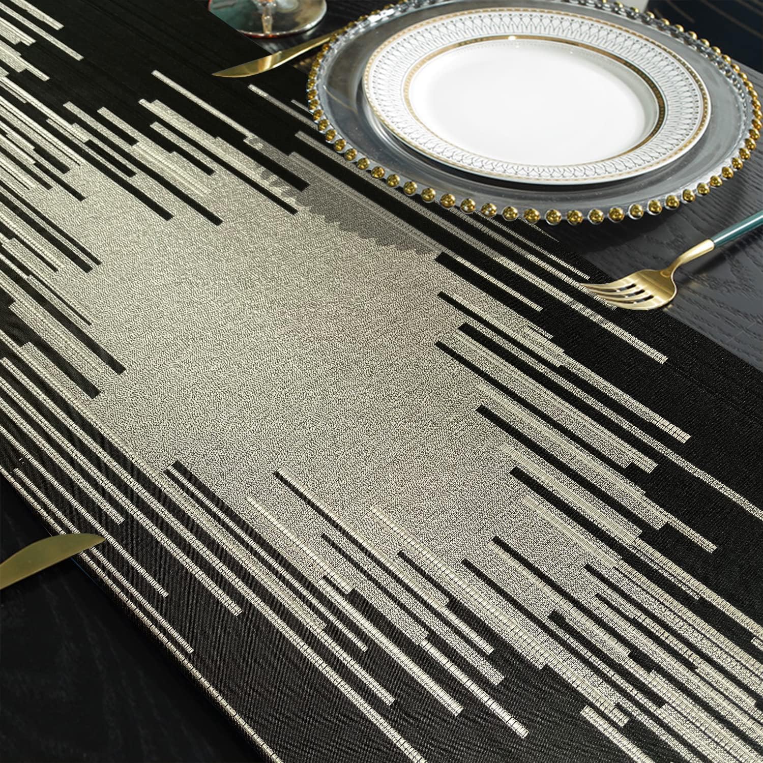 Elegant Black Table Runner,13"x120", Modern Abstract Geometric, Tassels | Table Runners 120 Inches Long, Luxury
