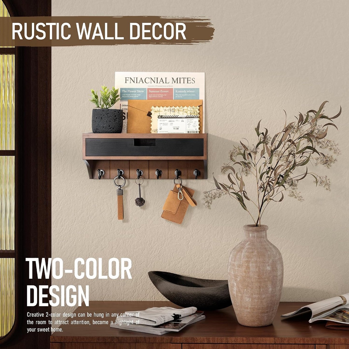 Pine Wood Key Holder Wall Mount / Brown & Black / 1-drawer