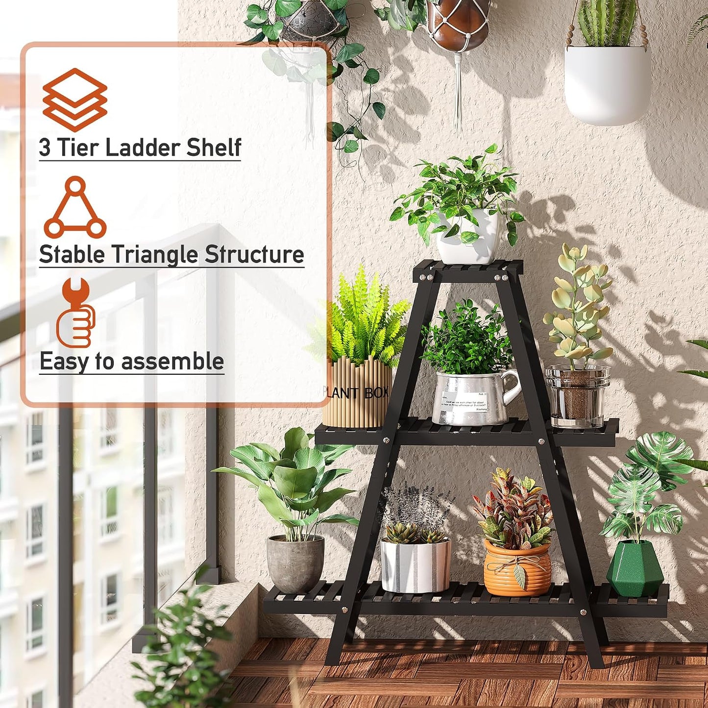 GHWIE Plant Stand Indoor Plant Shelf Outdoor bamboo Plant Rack, 3 Tiers Ladder Plant Holder Flower Stand for Living