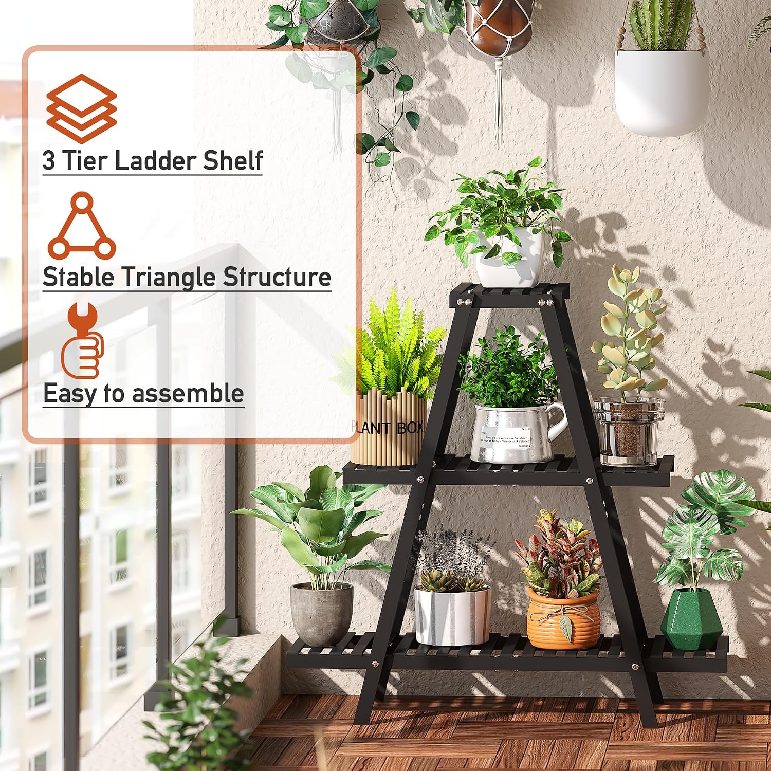 GHWIE Plant Stand Indoor Plant Shelf Outdoor bamboo Plant Rack, 3 Tiers Ladder Plant Holder Flower Stand for Living
