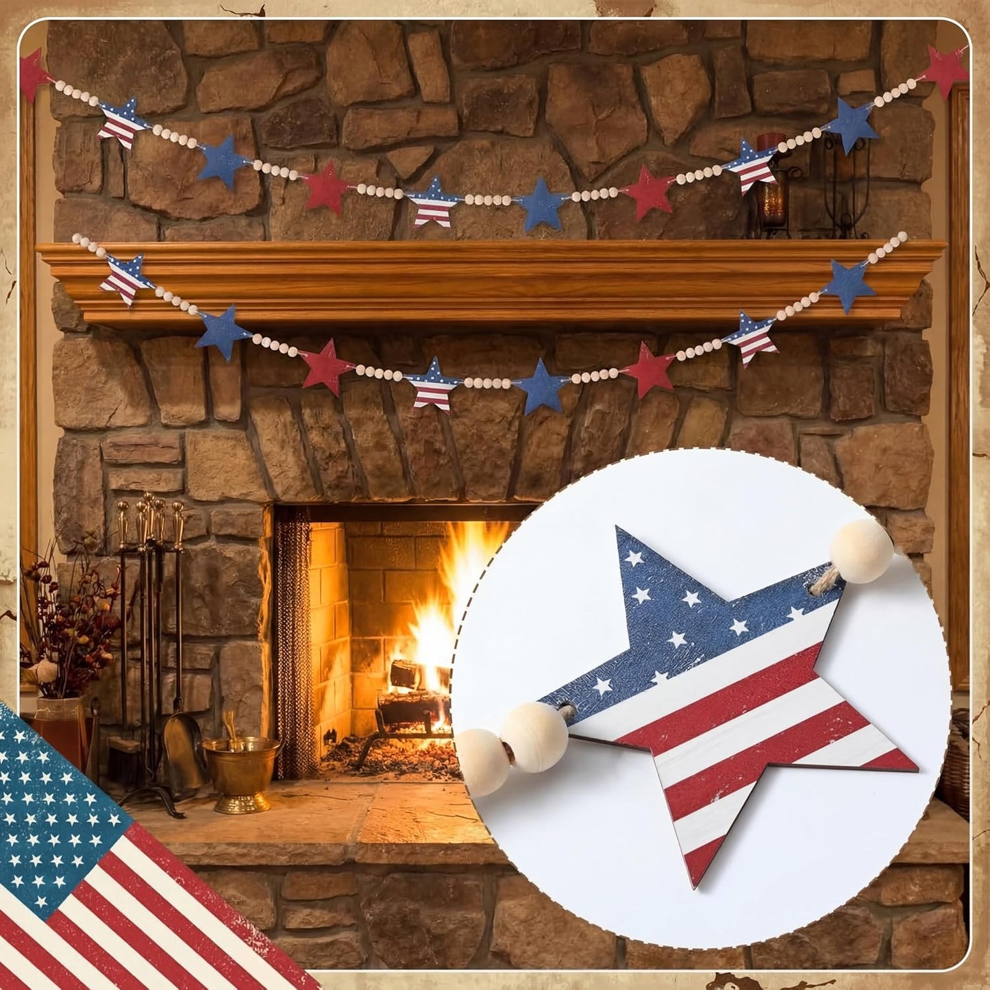 4th of July Patriotic Wooden Beads Garland / USA Star / 5.1 Inch