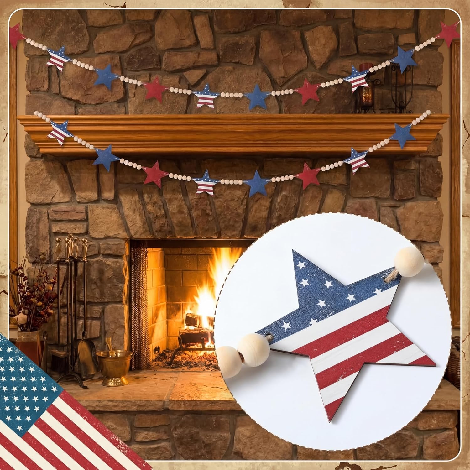 4th of July Patriotic Wooden Beads Garland / USA Star / 5.1 Inch