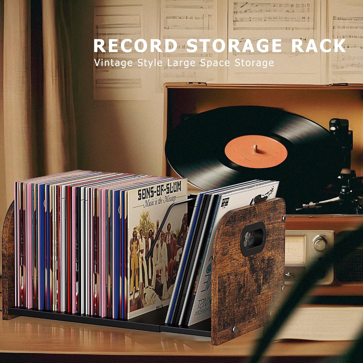 RUILALIFE Vinyl Record Storage Holder, Expandable Record Holder Rack With Movable Divider, 110 LP Album Display Shelf