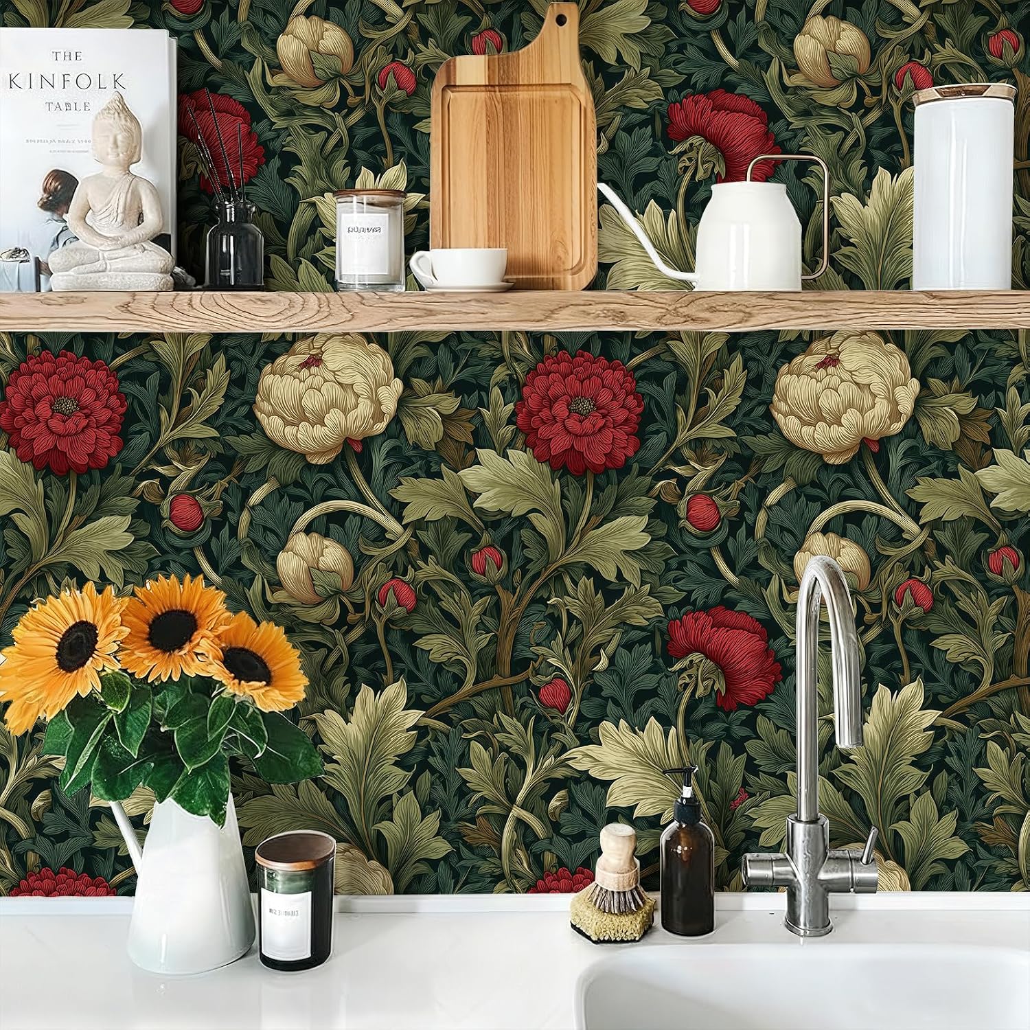 Peel and Stick Boho Art Woody Wallpaper Botanical Leaf Removable / 17.7 x 118.1 / Green/beige/red