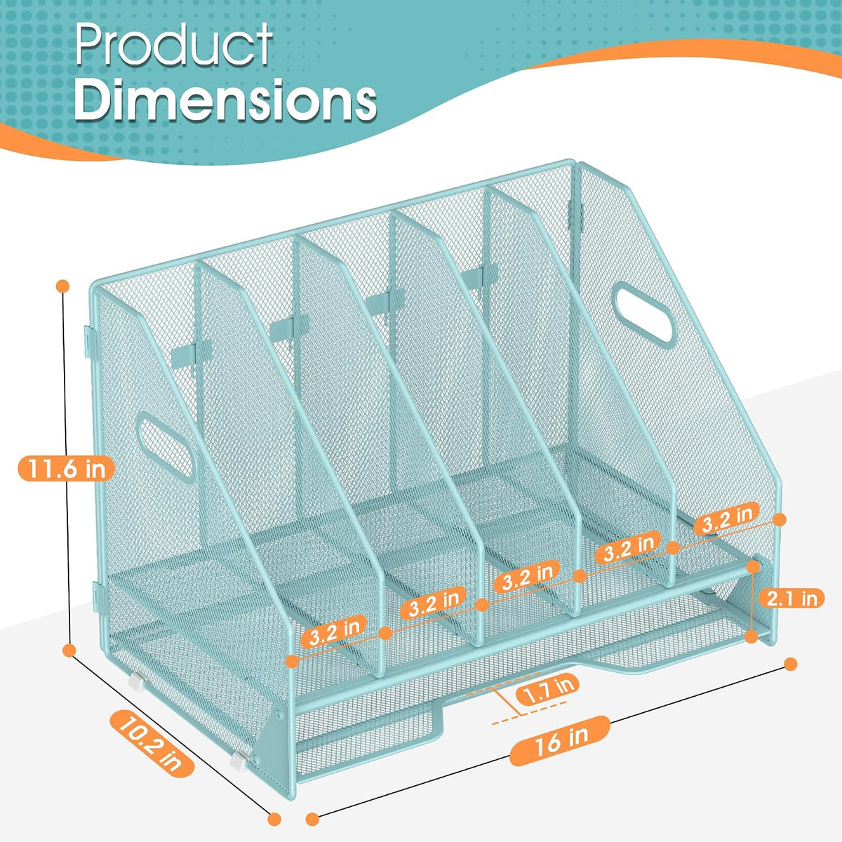 5 Vertical Mesh Desk Organizer with Paper Letter Tray, Blue | Sorting racks with lower letter tray section.