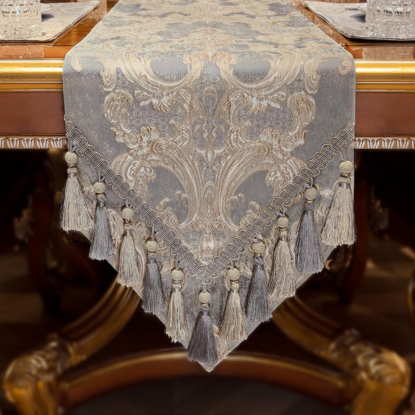 Loom and Mill Luxury Jacquard Damask Table Runner 72 Inches Long, Gray | Elegant Dining Table Runners with Handmade