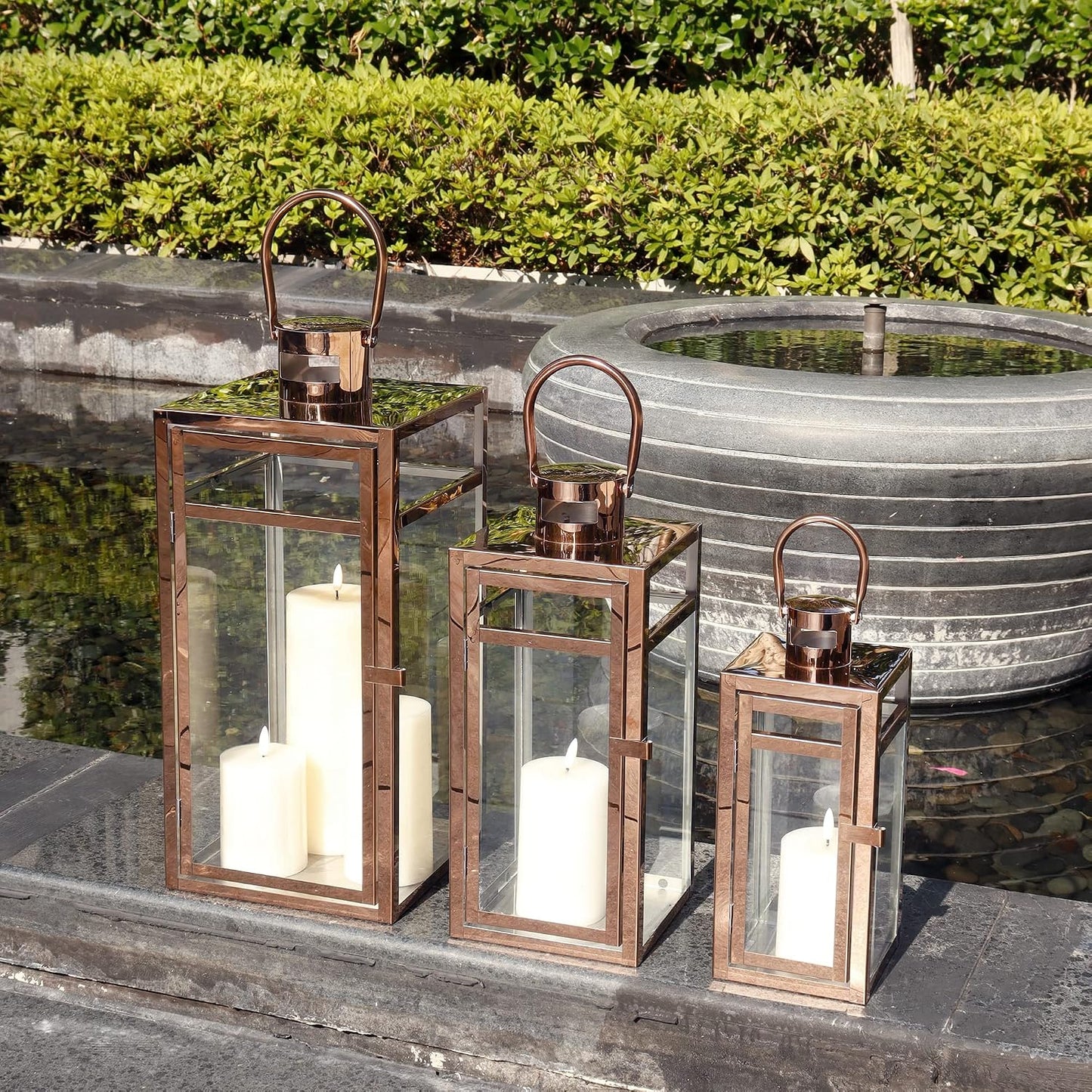 TRIROCKS Set of 3 Stainless Steel Candle Lantern 19/15/12'' High Metal Candle Holder with Tempered Glass Panels Perfect