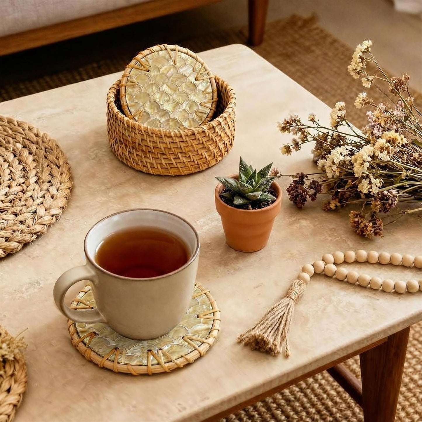 Holder • Handmade Round Coaster • Wicker / Cascade Light / Set of 6