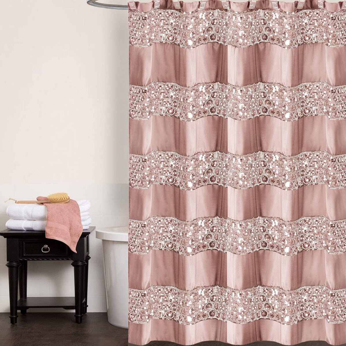 Zahari Home 13pc Sinatra Bathroom Shower Curtain Set - Blush Luxury Fabric With 12 Hooks - Unique Design Bling