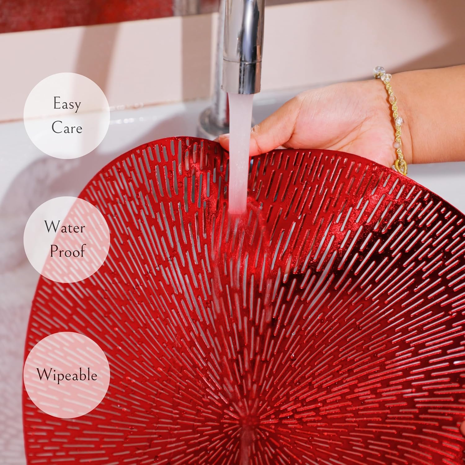 Snowkingdom Red Valentines Placemats Set of 18, Round Vinyl Hollow 15 Inch Metallic Place mats, Washable Wipeable Non