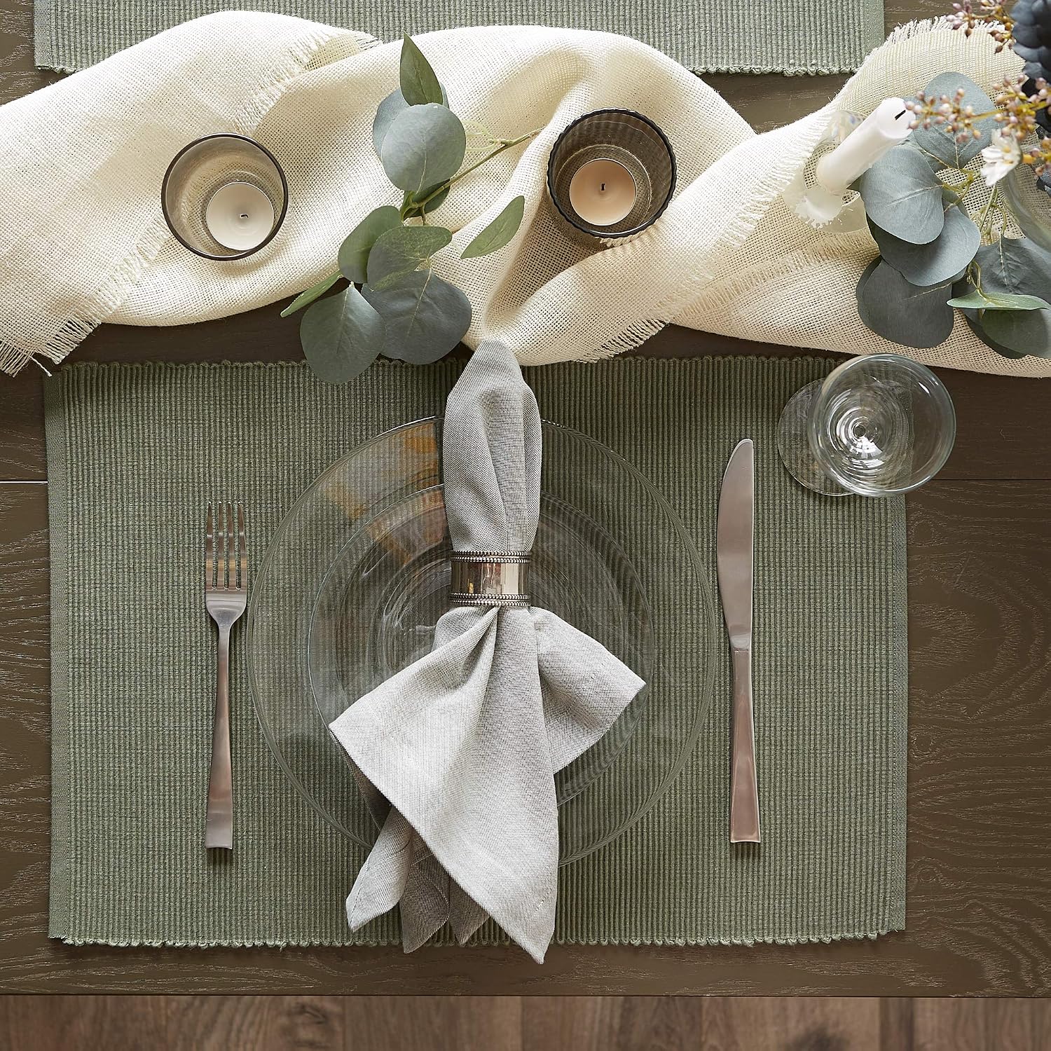 DII Basic Everyday Ribbed Tabletop 100% Cotton, Placemat Set, 13x19, Artichoke, 6 Piece
