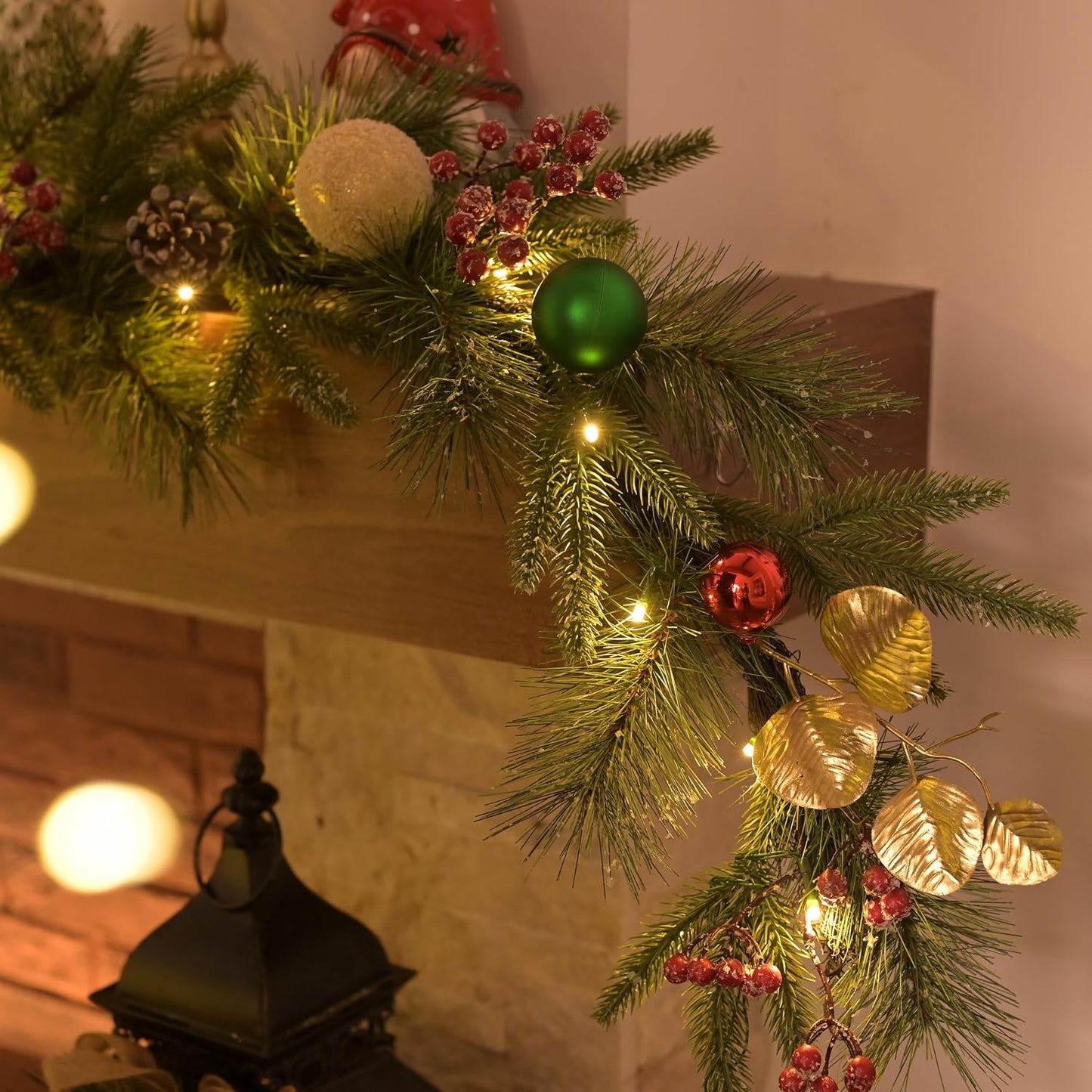 Valery Madelyn 6 Ft Pre-Lit Christmas Garland with Light for Mantle, Lighted Outdoor Xmas Garland with Red Green Gold