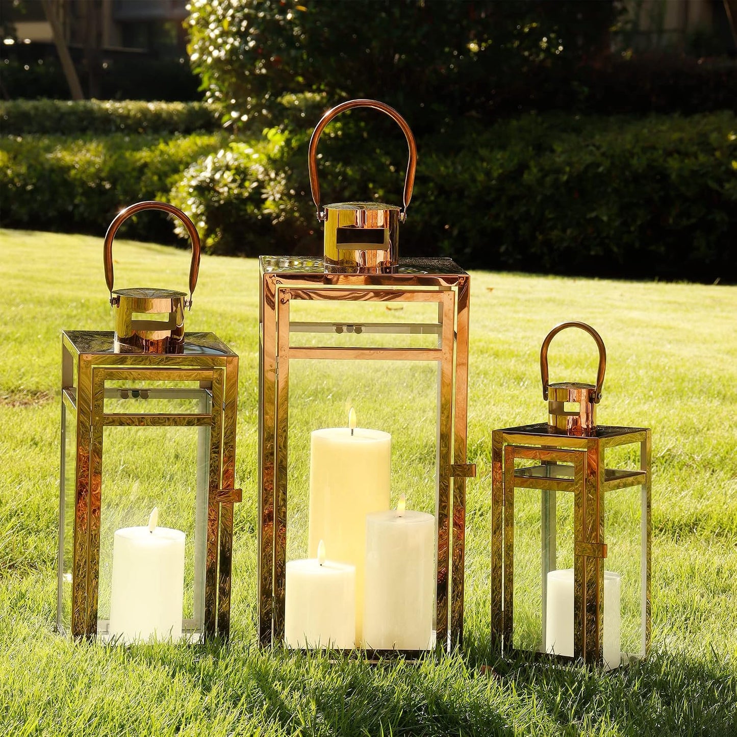 TRIROCKS Set of 3 Stainless Steel Candle Lantern 19/15/12'' High Metal Candle Holder with Tempered Glass Panels Perfect