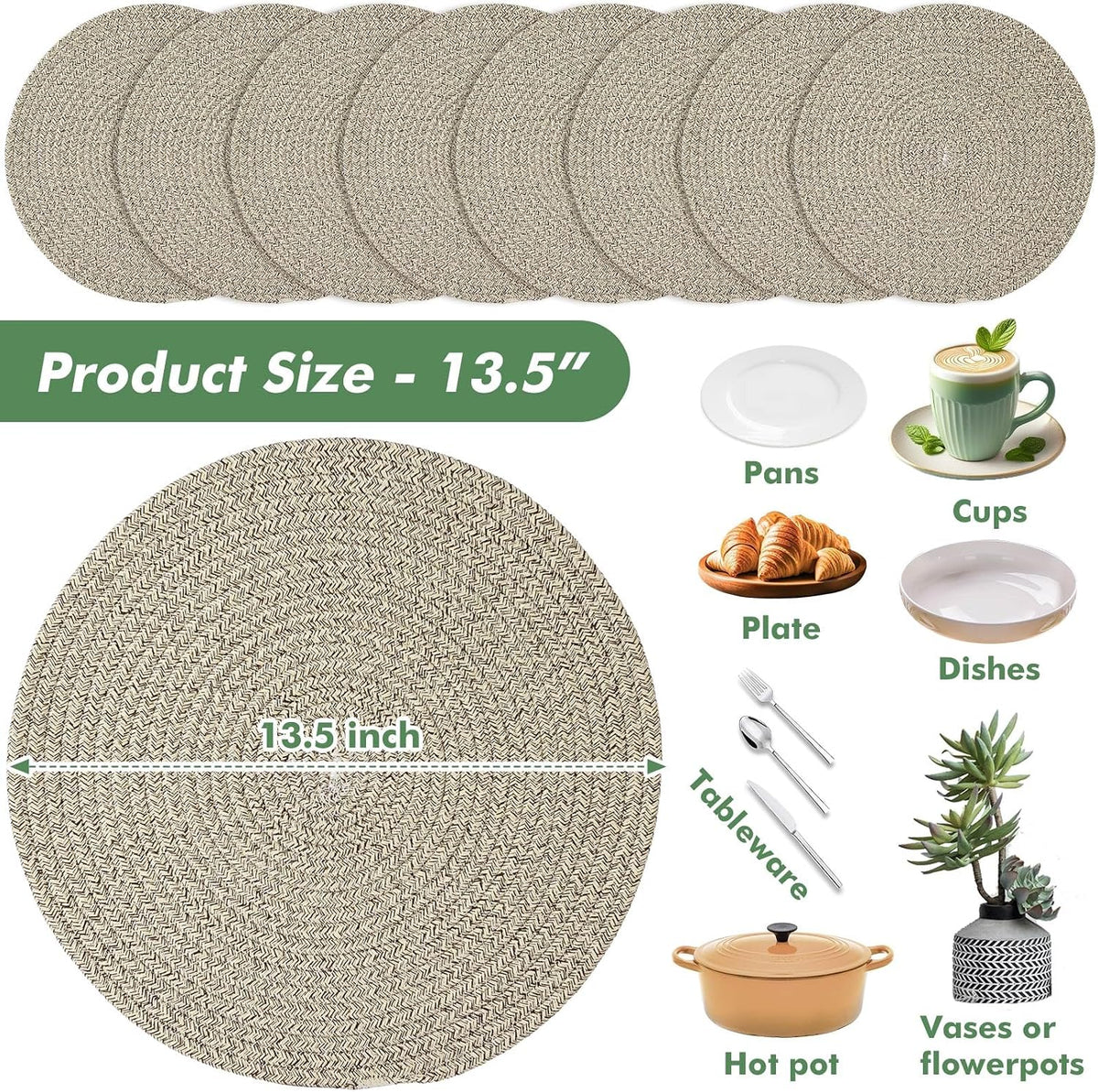 8 Pack Round Woven Placemats 13.5 Inches Heat Resistant Placemats Farmhouse Cotton Rope Braided Place Mats for Dining
