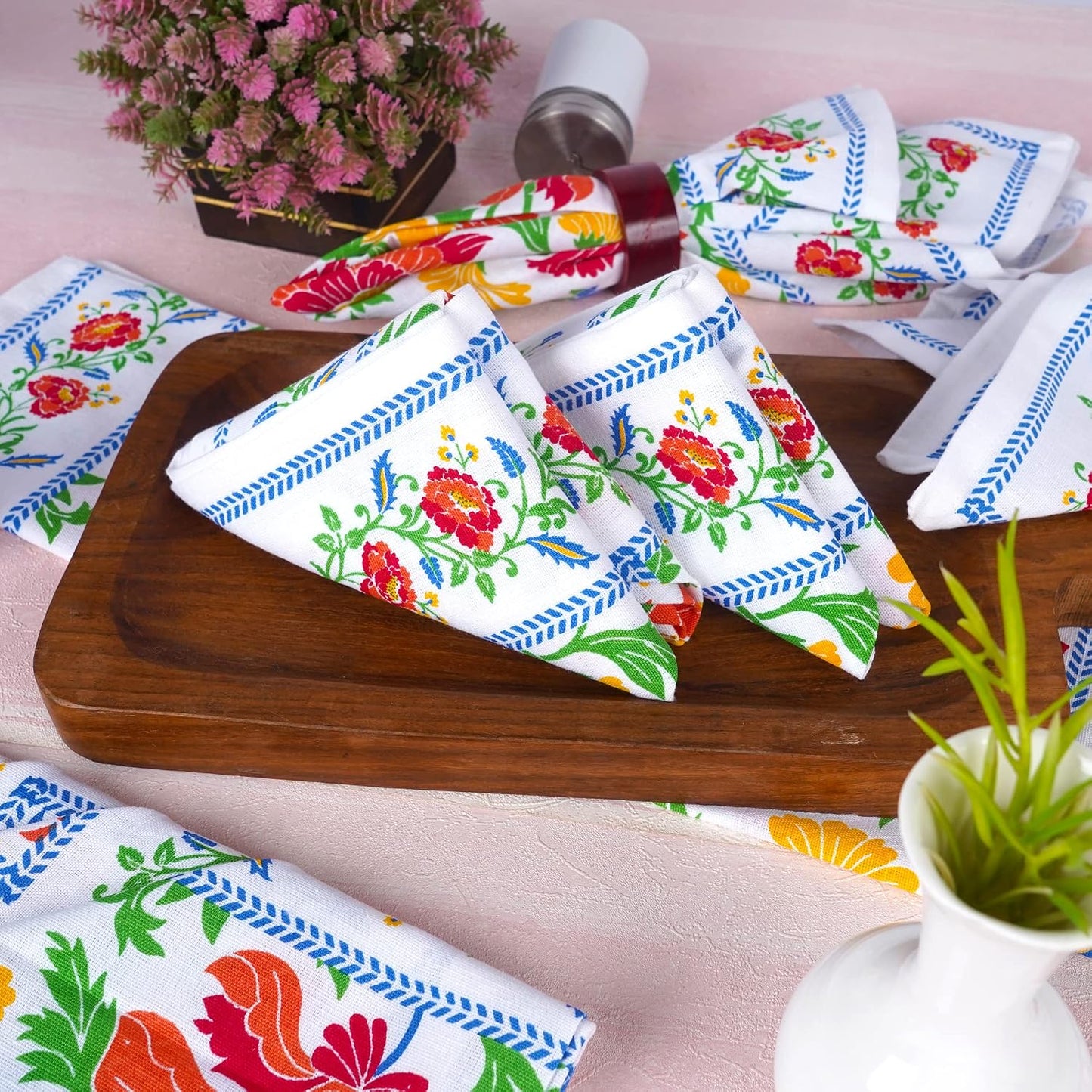 FINGERCRAFT Cloth Napkins Set of 12 Cotton Linen, 20x20 in, Persian Flora | Mitered corner, washable, soft, absorbent