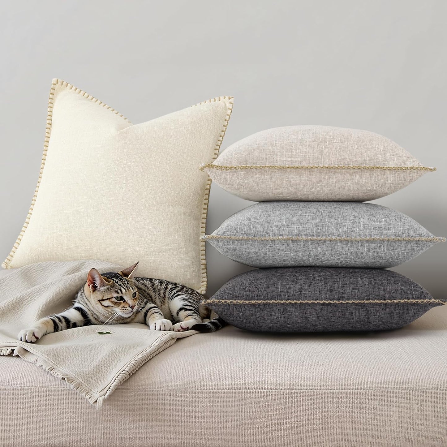 Fall Decorative Throw Pillow Covers Square Faux Linen Farmhouse / Cream White / 18 x 18 / Set of 2