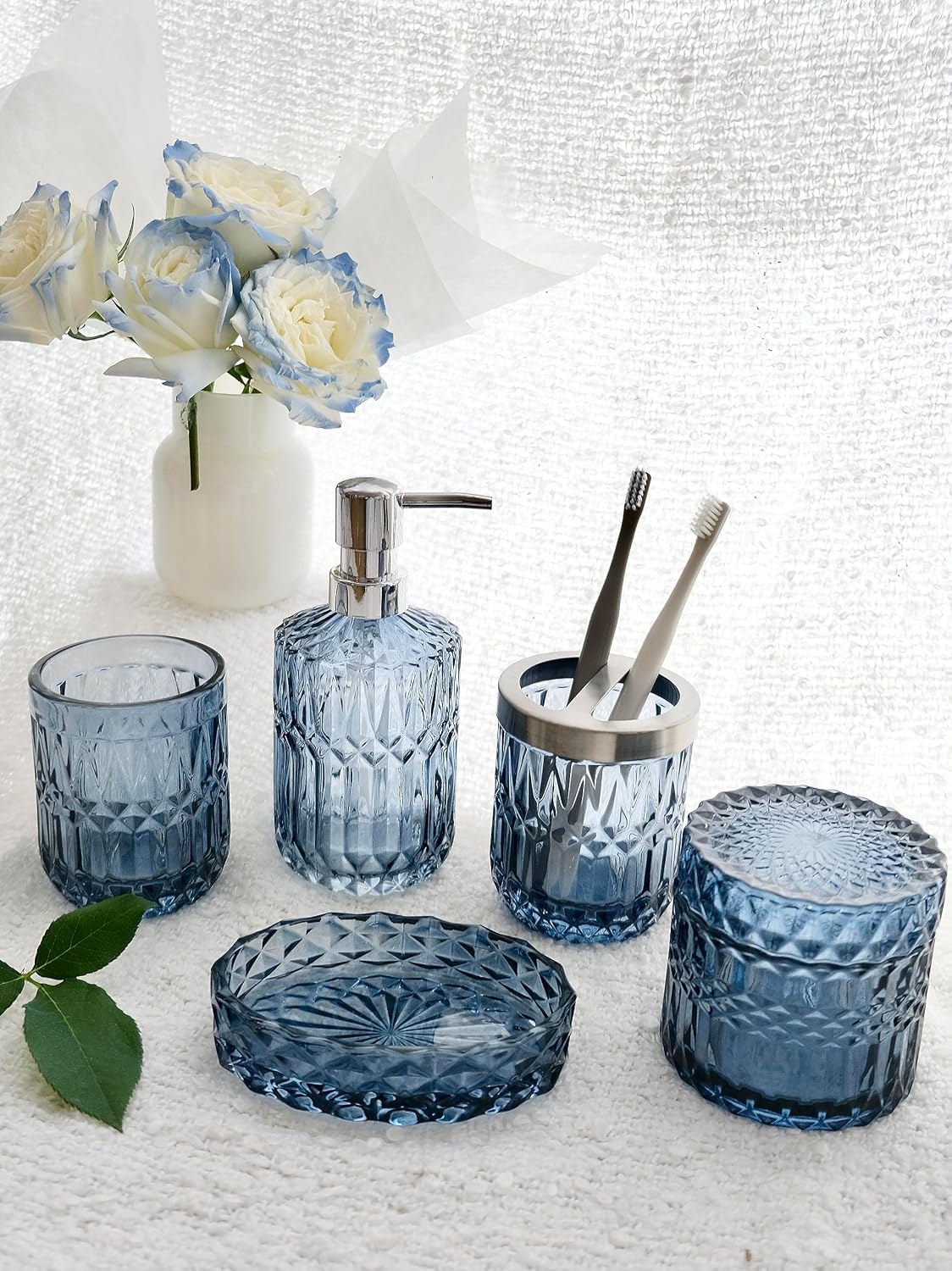LaMarriti Blue Bathroom Accessories Set, 5Pcs Clear Glass Bathroom Accessories, Hand Soap Dispenser, Soap Dish