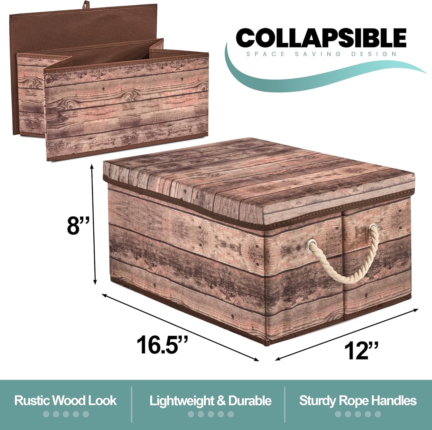 Sorbus Storage Box Set with Lid, Carry Handles, Foldable Frame, Rustic Wood Grain Print Bins, Great for Toys