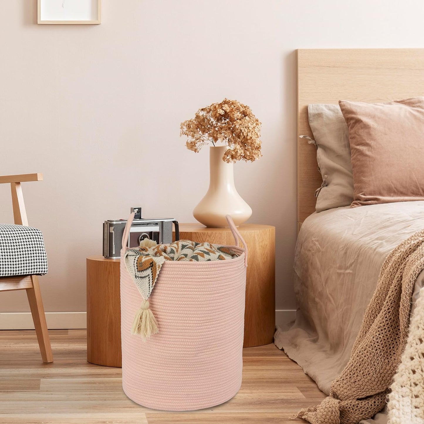 Cotton Rope Laundry Basket Hamper for Clothes Woven Storage Basket / Coral Pink / Regular