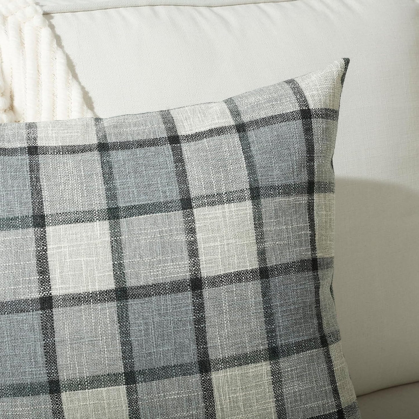 Farmhouse Plaid Decorative Cushion Covers / 24 x 24 / Check-light Grey / Set of 2