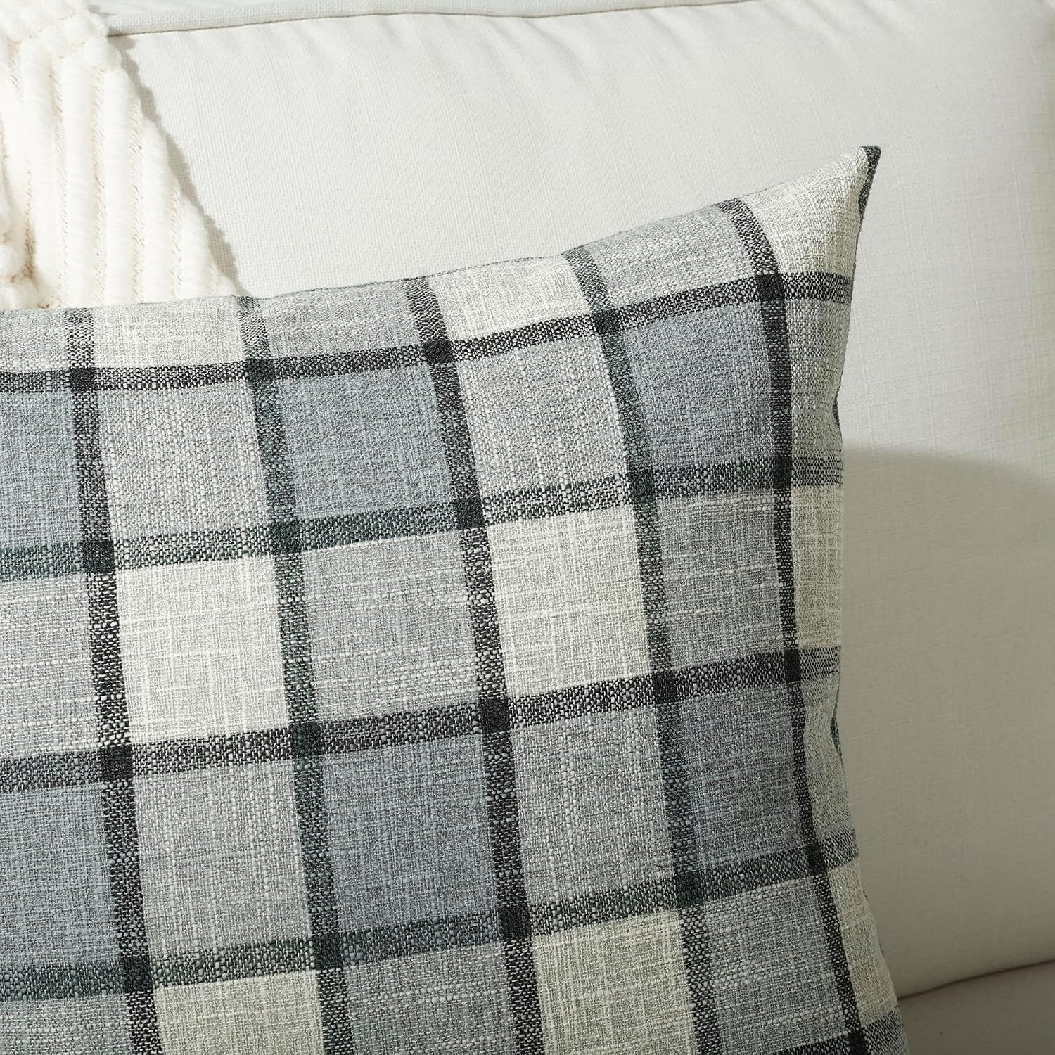 Farmhouse Plaid Decorative Cushion Covers / 22 x 22 / Check-light Grey / Set of 2
