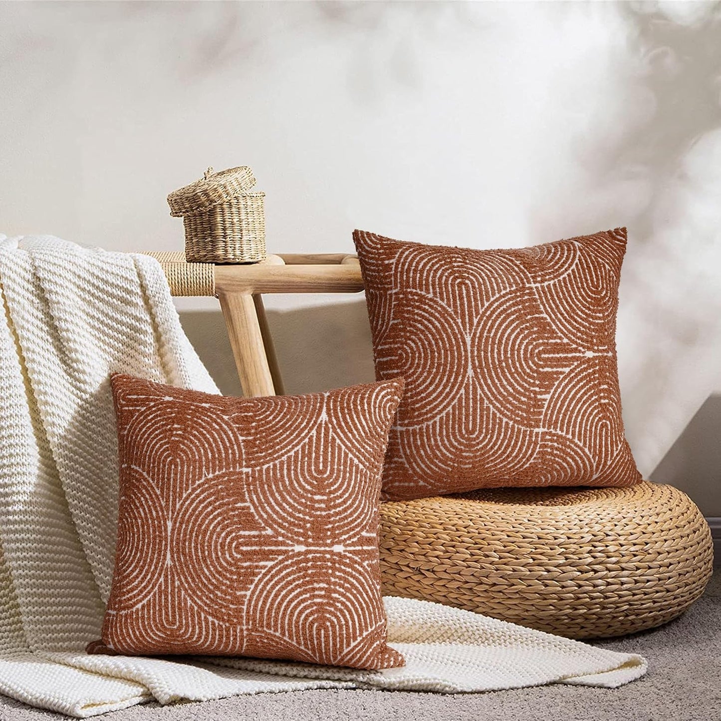 Boho Decorative Textured Throw Pillow Covers / Burnt Orange / 16 x 16 / Set of 2