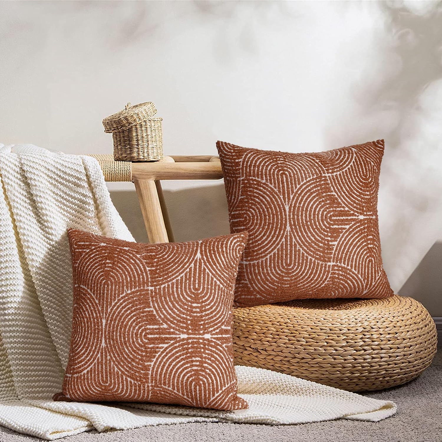 Boho Decorative Textured Throw Pillow Covers / Burnt Orange / 16 x 16 / Set of 2