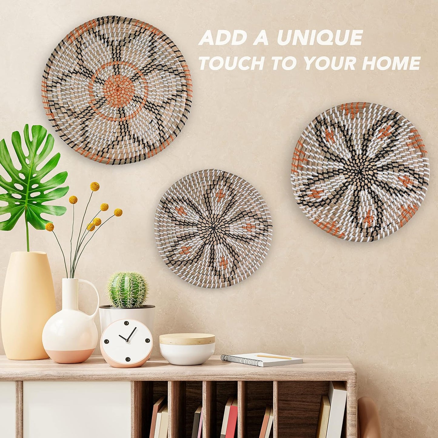 Modern Boho Rustic Wicker Hanging Wall Baskets / Natural / Set of 3