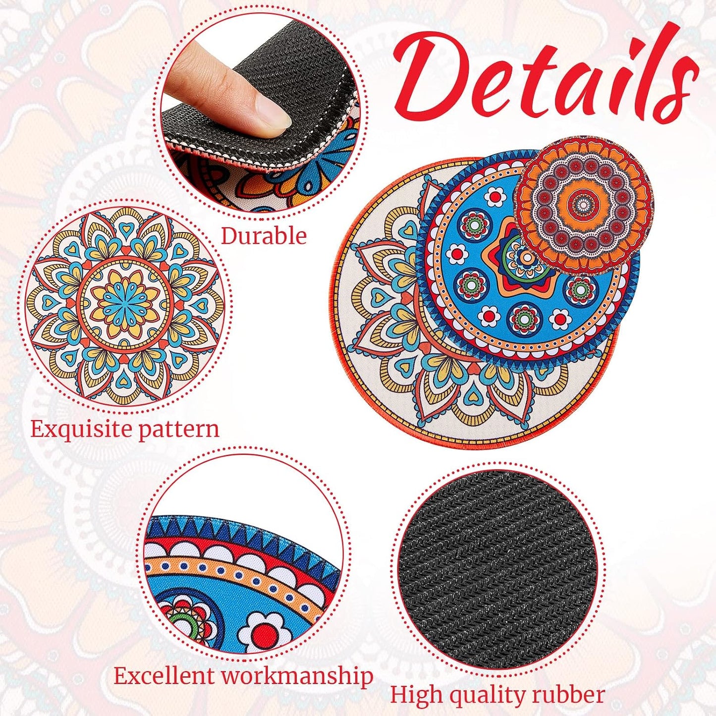 Boho Plant Coasters 3 Size 3.94" 5.9" 7.87" Rubber / Classic / 4 Inch, 6 Inch, 8 Inch / Set of 6