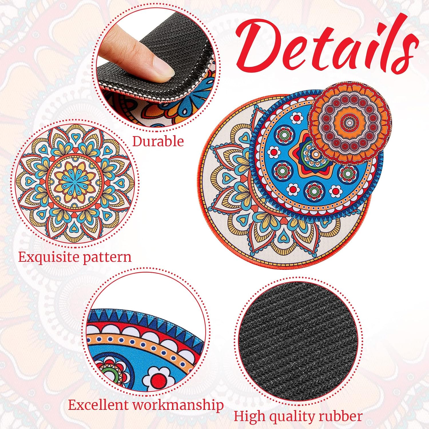 Boho Plant Coasters 3 Size 3.94" 5.9" 7.87" Rubber / Classic / 4 Inch, 6 Inch, 8 Inch / Set of 6
