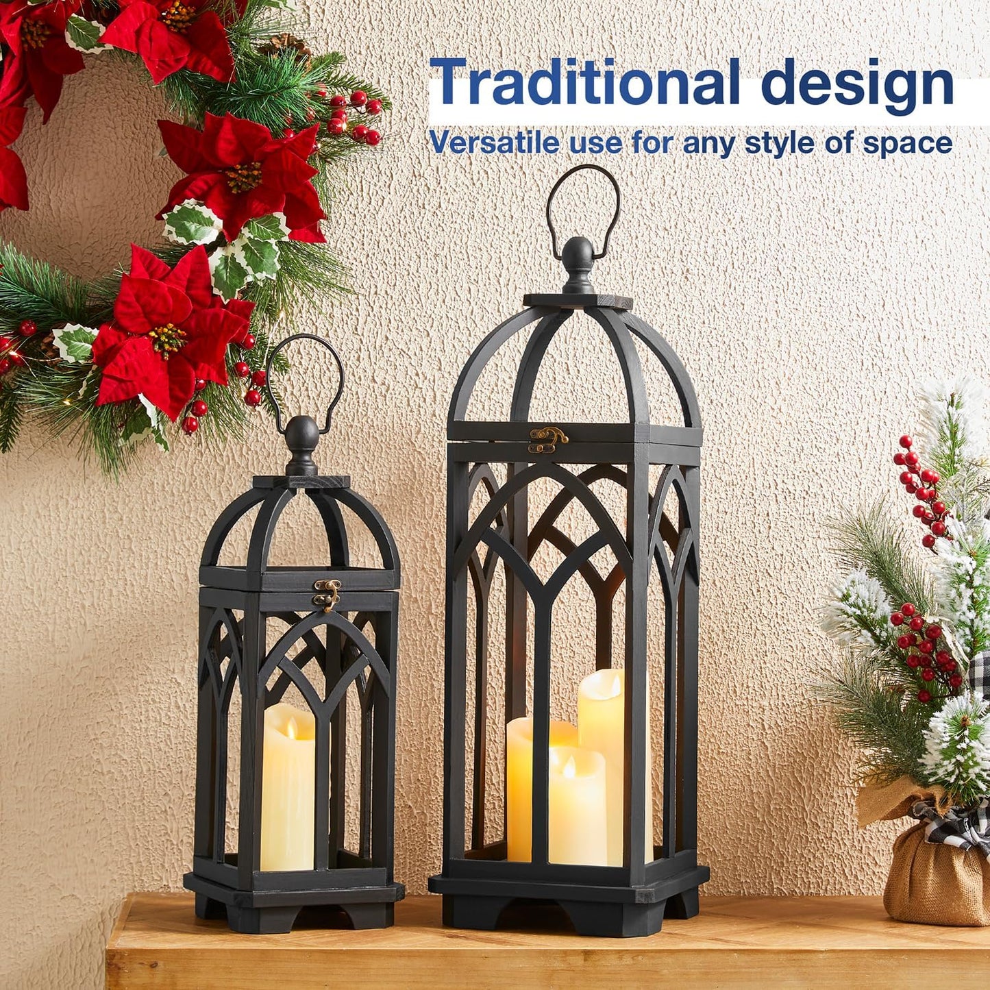 Glitzhome Farmhouse Decorative Lanterns Wooden Candle Lantern, Church Window Wood Frame Lanterns for Wedding Mantle