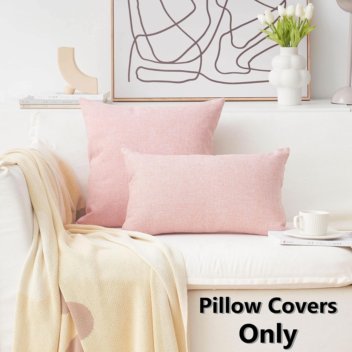 Pillow Covers Decorative Linen Cushion Covers Square Throw Pillows / 18 x 18 / Baby Pink / Set of 4